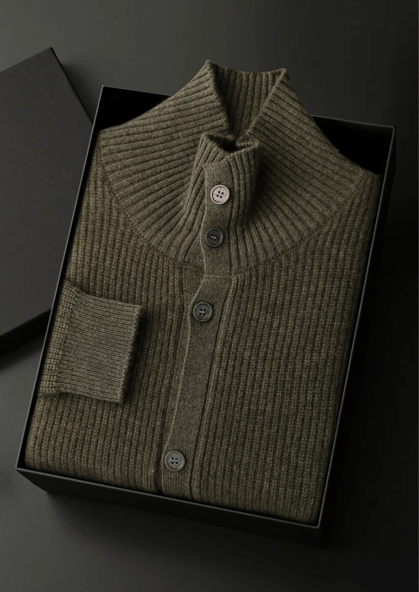 PREMIUM CASHMERE RIBBED HIGH COLLAR CARDIGAN - Derada